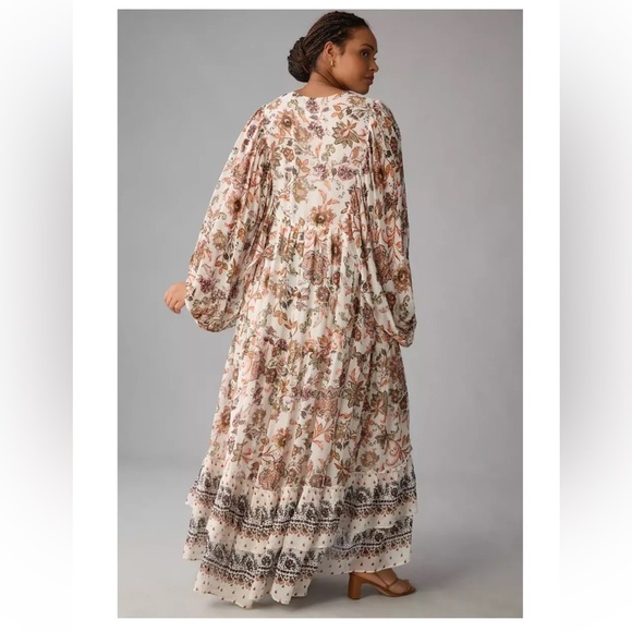 Anthropologie V Neck Long Sleeve Ivory Floral Tiered Maxi Dress (small) - Picture 8 of 15